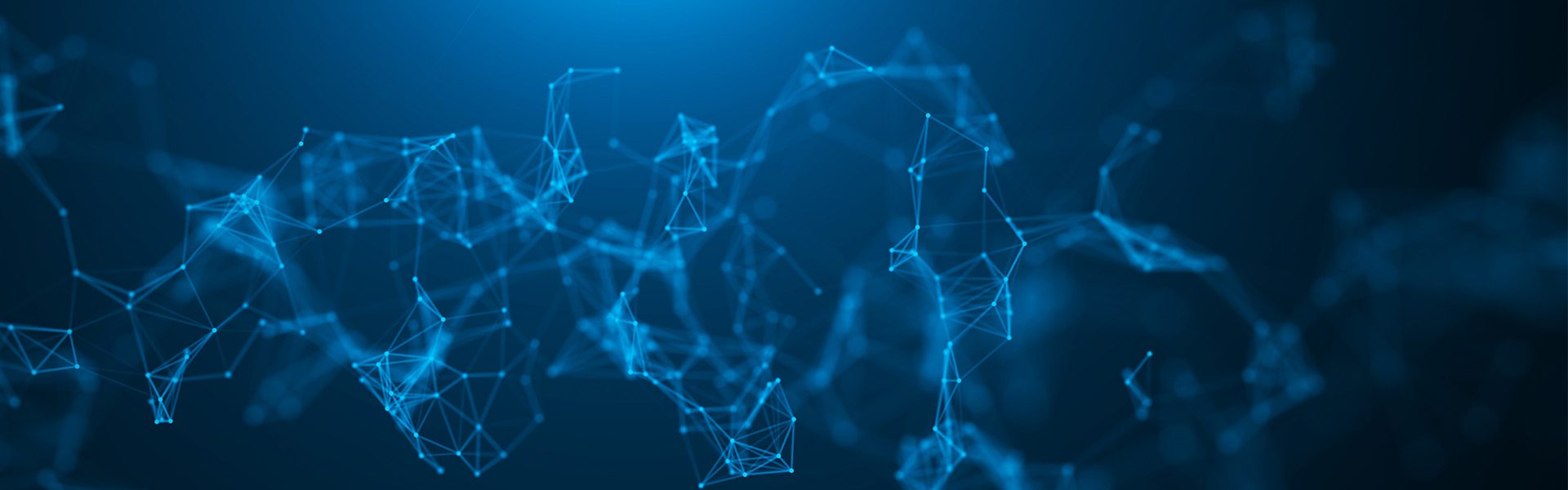 Das Bild stellt ein abstraktes, digitalisiertes Netzwerk mit miteinander verbundenen Punkten und Linien dar. Es hat ein modernes und technologisches Aussehen mit einem blauen Farbschema.