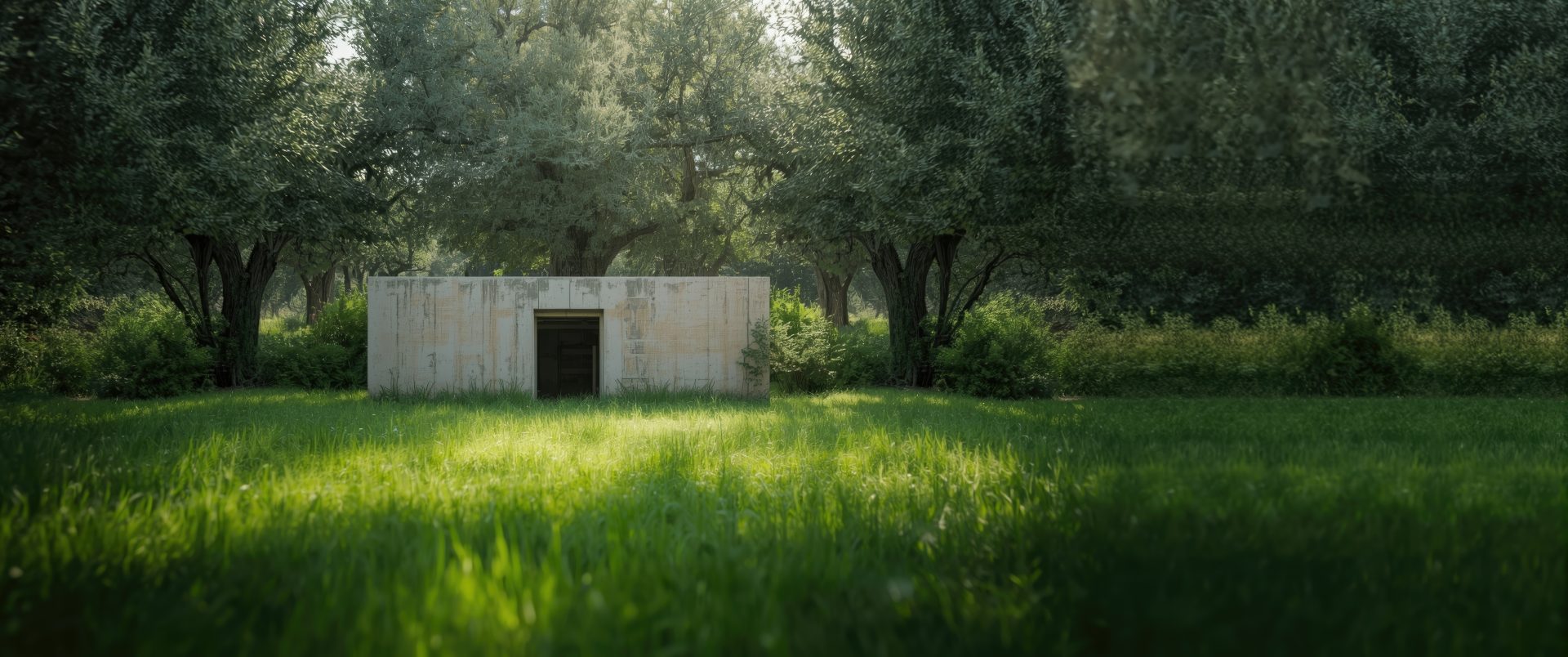 Das Bild zeigt eine grüne Wiese mit einem kleinen Gebäude.