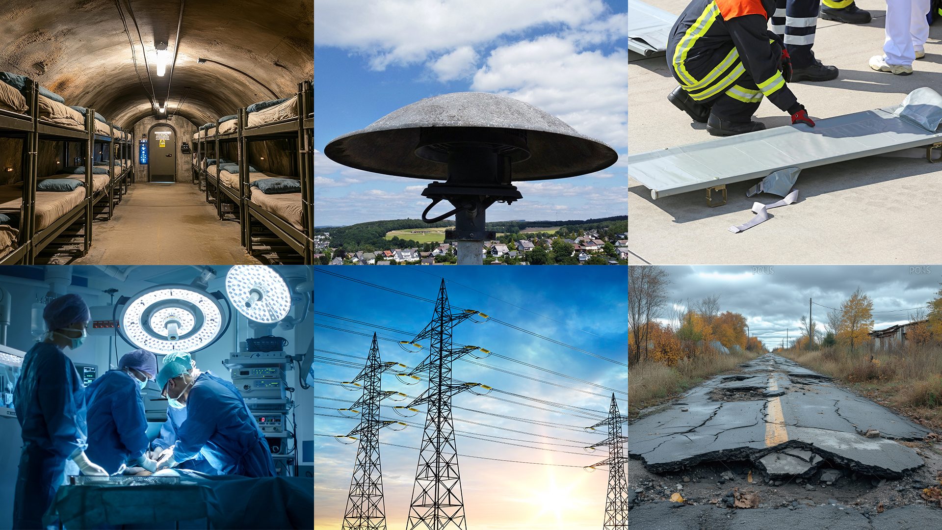 Das Bild zeigt eine Collage von sechs Fotos: einen Bunker mit Betten, eine Sirene in einer Landschaft, eine Rettungsaktion, eine Operation im Krankenhaus, Strommasten bei Sonnenuntergang und eine beschädigte Straße.