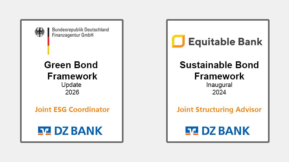 Das Bild zeigt zwei Zertifikate, die von der DZ BANK ausgegeben werden. 

Das linke Zertifikat ist das "Green Bond Framework Update 2026" der Bundesrepublik Deutschland – Finanzagentur GmbH, mit der DZ BANK als Joint ESG Coordinator.

Das rechte Zertifikat ist das "Sustainable Bond Framework Inaugural 2024" von Equitable Bank, mit der DZ BANK als Joint Structuring Advisor.
