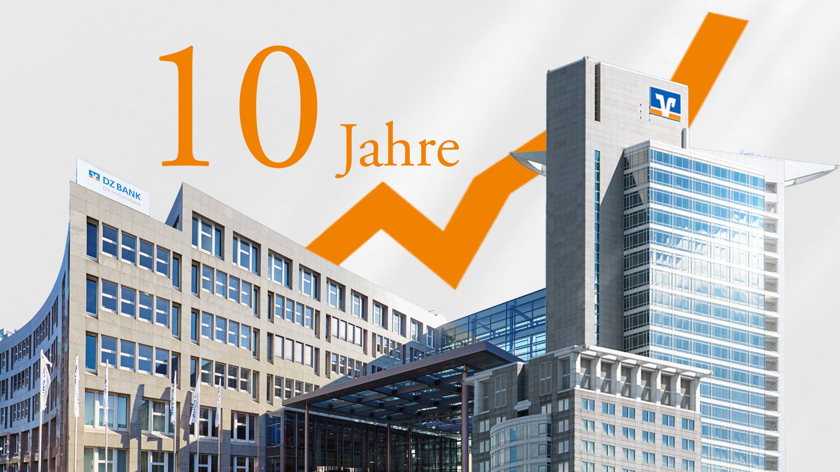 Das Bild zeigt mehrere moderne Bürogebäude, darunter Hochhäuser mit den Logos von Volksbanken Raiffeisenbanken. Im Hintergrund ist eine orangefarbene, nach oben zeigende Wachstumskurve zu sehen. Darüber stehen groß die Worte „10 Jahre“, was auf ein Jubiläum oder eine 10-jährige Erfolgsgeschichte hindeutet.