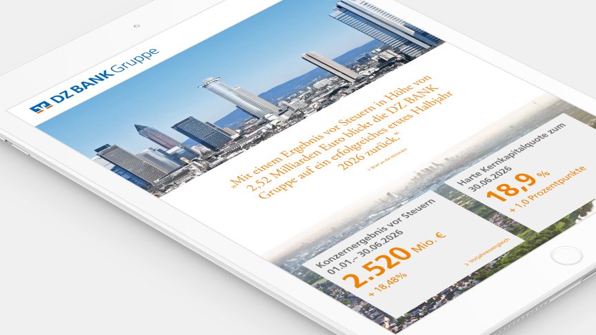 Das Bild zeigt ein Tablet, auf dessen Bildschirm eine Präsentation oder ein Informationsblatt der "DZ BANK Gruppe" zu sehen ist. Im oberen Bereich ist ein Bild einer Skyline mit Hochhäusern zu erkennen (vermutlich Frankfurt am Main). Darunter befinden sich Text- und Informationsfelder mit Finanzdaten, beispielsweise zu Immobilien oder Investitionen. Es ist deutlich ein professionelles, wirtschaftsbezogenes Layout im Corporate Design der DZ BANK Gruppe.