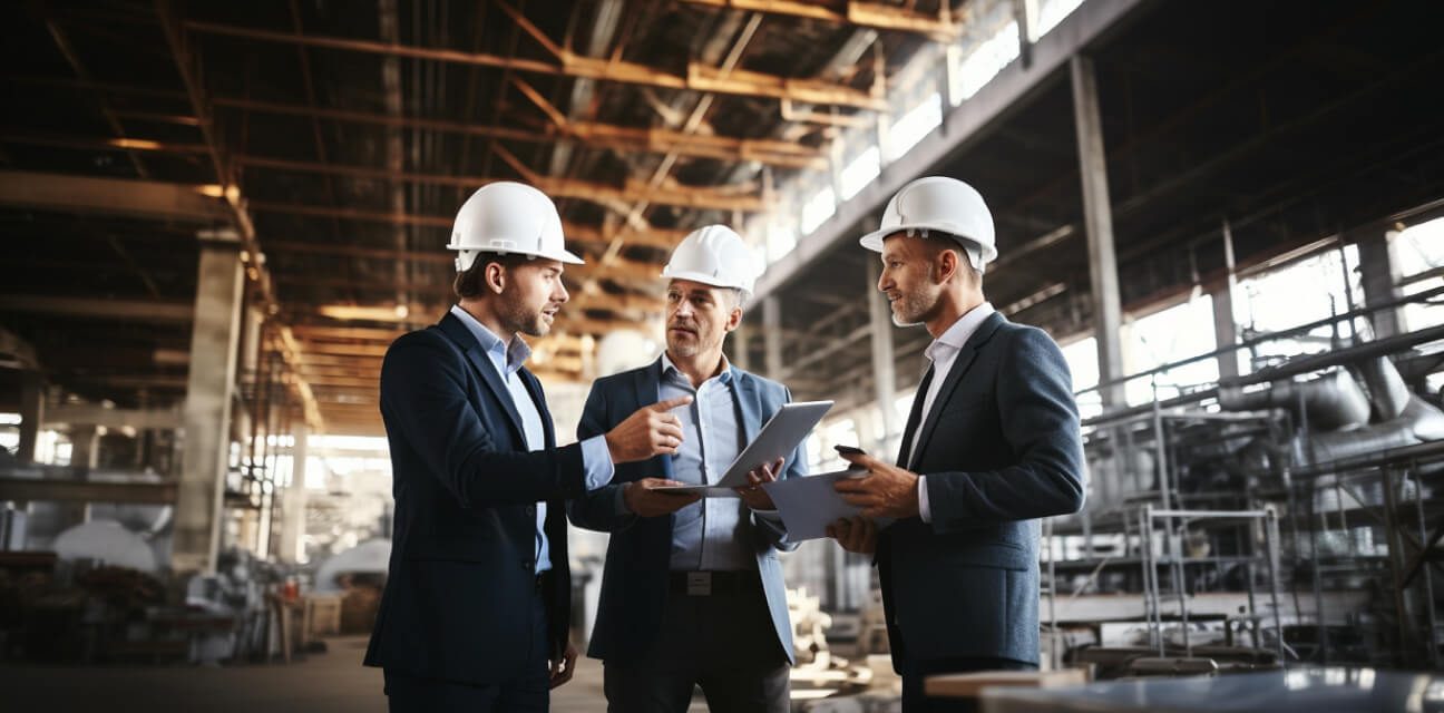 A group of businessmen, wearing hard hats, discussing at a construction site