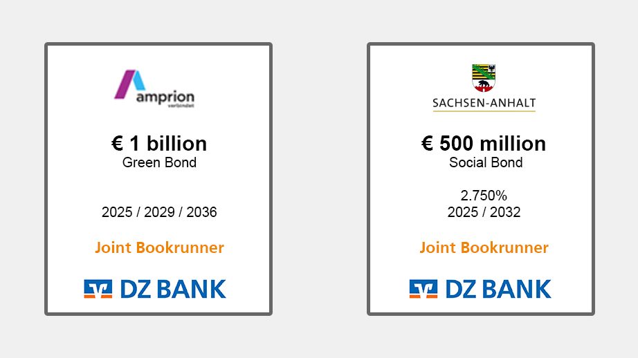 Das Bild stellt zwei Finanzierungstransaktionen dar, die von der DZ BANK als Joint Bookrunner durchgeführt werden:
1. **Ampiron Green Bond**:
- Emission von 1 Milliarde Euro.
- Zweck: Finanzierung von umweltfreundlichen oder nachhaltigen Projekten.
- Laufzeitoptionen für die Jahre 2025, 2028 und 2038.
2. **Sachsen-Anhalt Social Bond**:
- Emission von 500 Millionen Euro.
- Zweck: Finanzierung von Projekten mit sozialem Nutzen.
- Verzinsung: 2.750%.
- Laufzeiten für die Jahre 2025 und 2032.
Diese Bonds unterstützen spezifische Projekte zur Förderung von Nachhaltigkeit und sozialer Entwicklung und die DZ BANK handelt als Mitorganisator für diese Finanzierungsinitiativen.