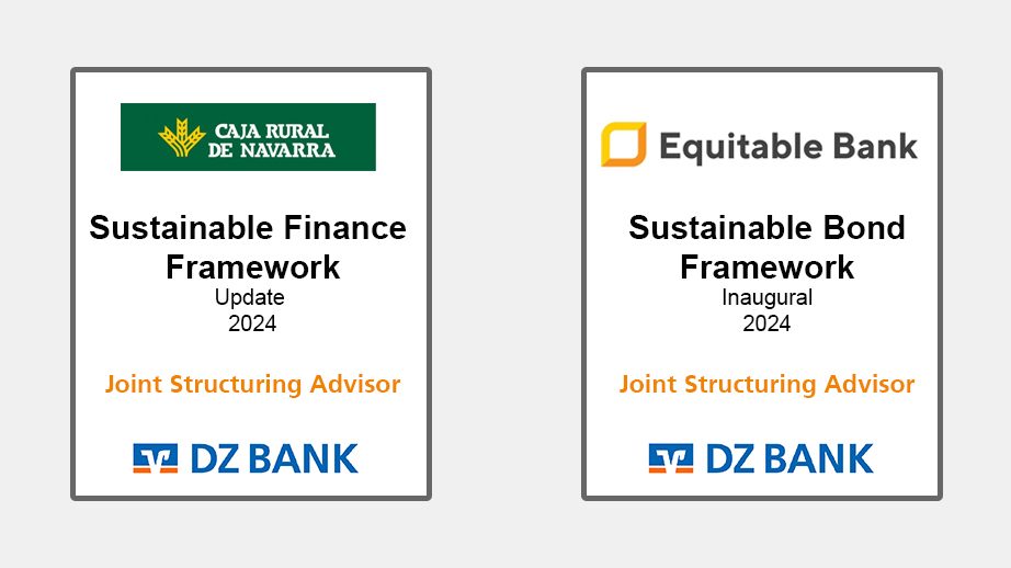 Das Bild stellt zwei separate Rahmen oder Abzeichen dar, die jeweils in Zusammenhang mit nachhaltiger Finanzierung stehen. Auf der linken Seite befindet sich das Logo von "Caja Rural de Navarra" und zeigt deren "Sustainable Finance Framework Update 2024". Auf der rechten Seite sieht man das Logo der "Equitable Bank" mit dem "Sustainable Bond Framework Inaugural 2024". Beide Rahmen beinhalten die Texte "Joint Structuring Advisor" und "DZ BANK", was darauf hinweist, dass DZ BANK als gemeinsamer Strukturierungsberater fungiert.
---
Zusammengefasst zeigt das Bild zwei Referenzen auf Initiativen im Bereich nachhaltiger Finanzierungsrahmen, bei denen DZ BANK als Berater involviert ist.