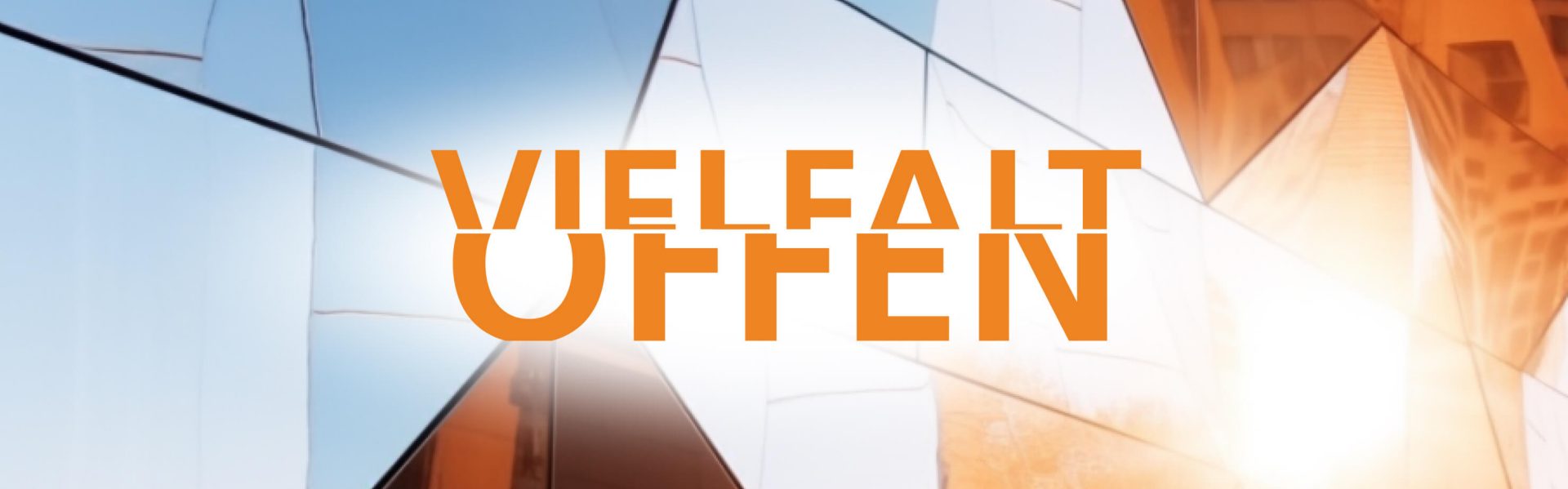 Key Visual “Vielfalt offen” Das Design-Hauptmotiv dieser Seite: das Schlagwort „Vielfalt offen“, umgeben von Facetten einer spiegelnden Fassade, umspielt von Variationen der Markenfarben der DZ BANK, Blau und Orange.