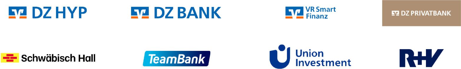 The members of the DZ BANK Group with their respective logos and  work marks: DZ Hyp, DZ BANK, VR Smart Finanz, DZ Privatbank,  Schwäbisch Hall, TeamBank, Union Investment, R+V Versicherungen.